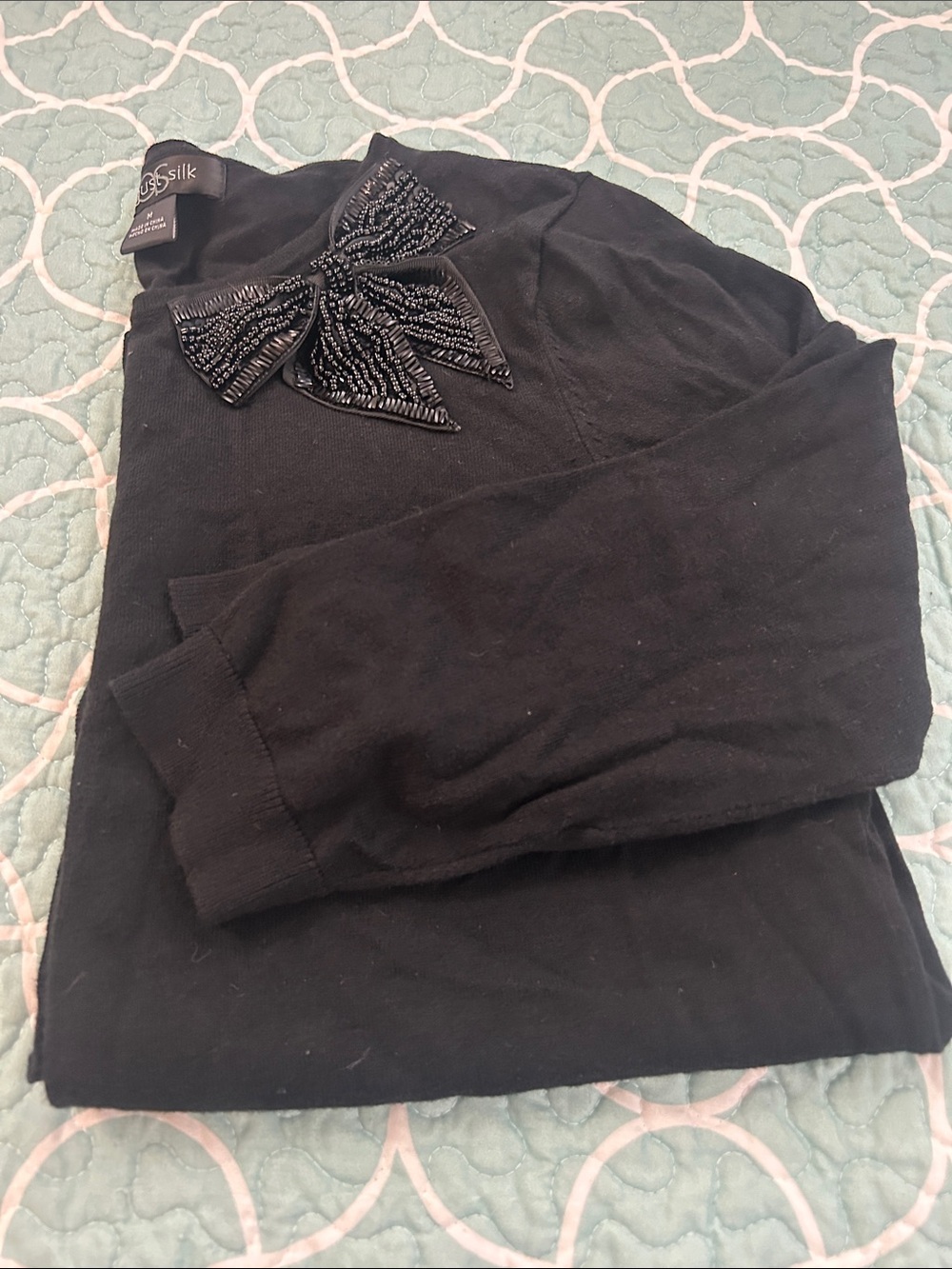 3/4 sleeve Black Beaded Bow Cardigan